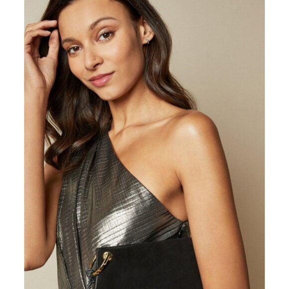 💕TED BAKER💕 Gabria One Shoulder Drape Midi Dress ~ Metallic Gold US 12 NWT - Picture 3 of 16